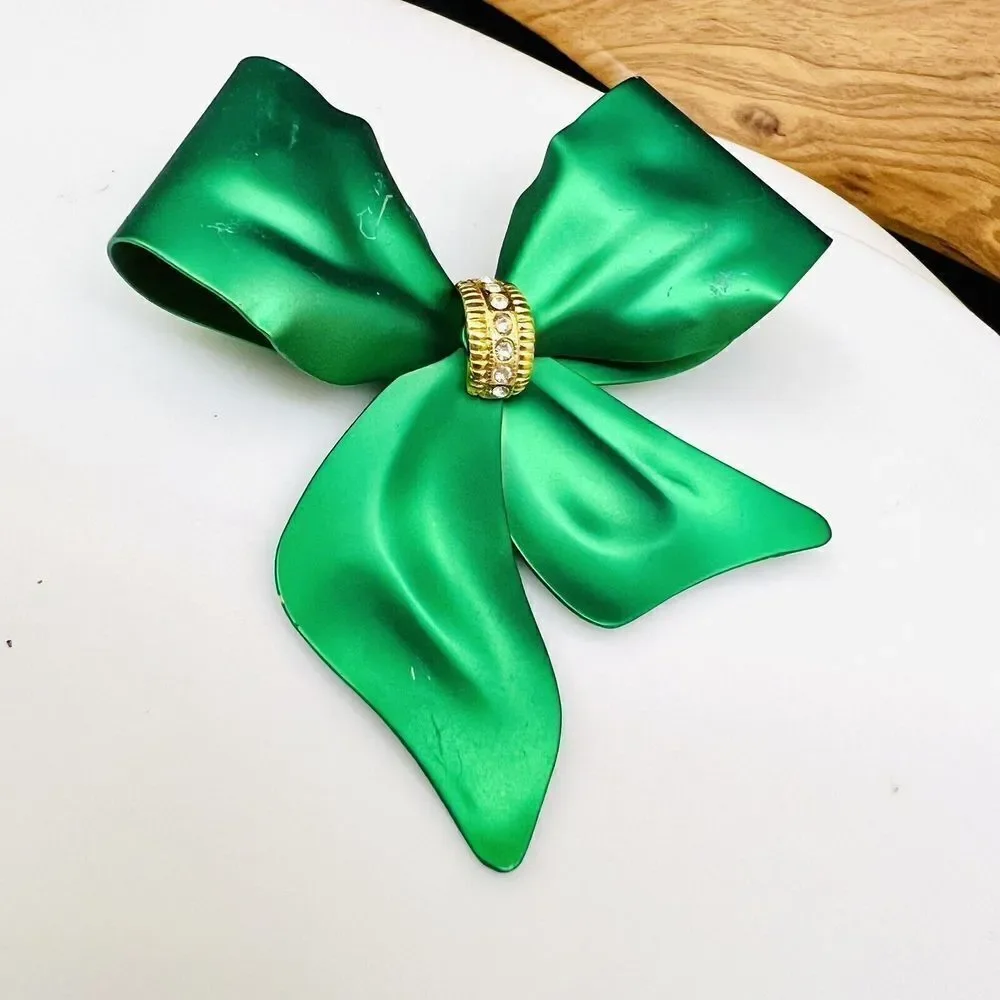 Vintage Green Metalic Satin Bow Ribbon Brooch Crystal Accent Large Matte 1045